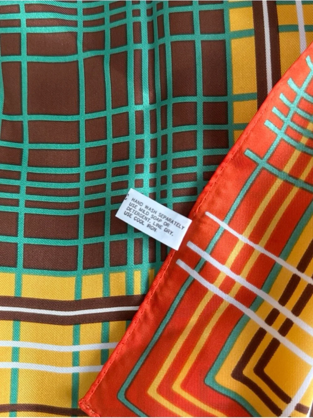 Vintage deadstock Plaid Silk Scarf - Orange, Yellow, Green, Brown